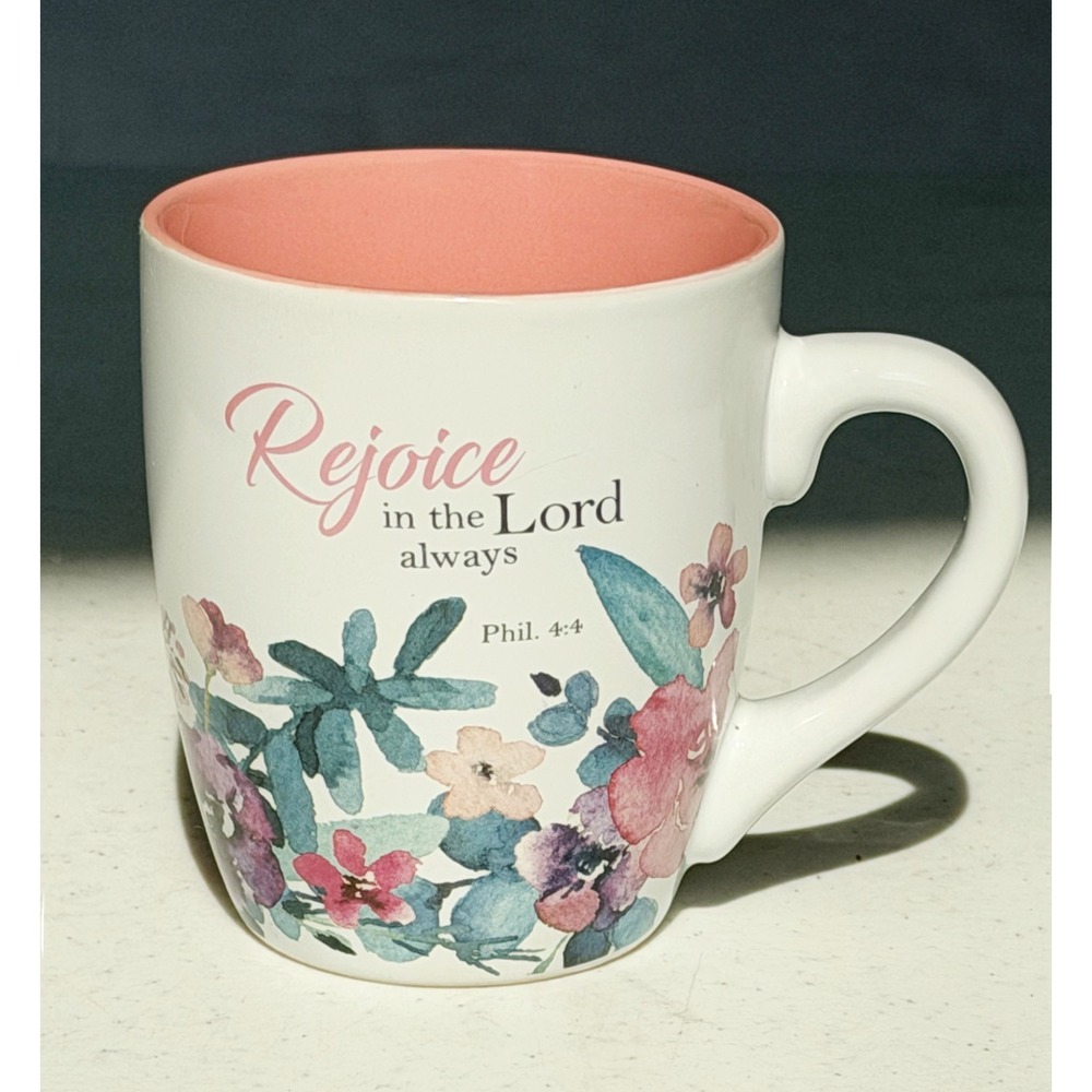 Christian Art Gifts Mug "Rejoice in the Lord Always" Phil 4:4 Coffee Cup Flowers
